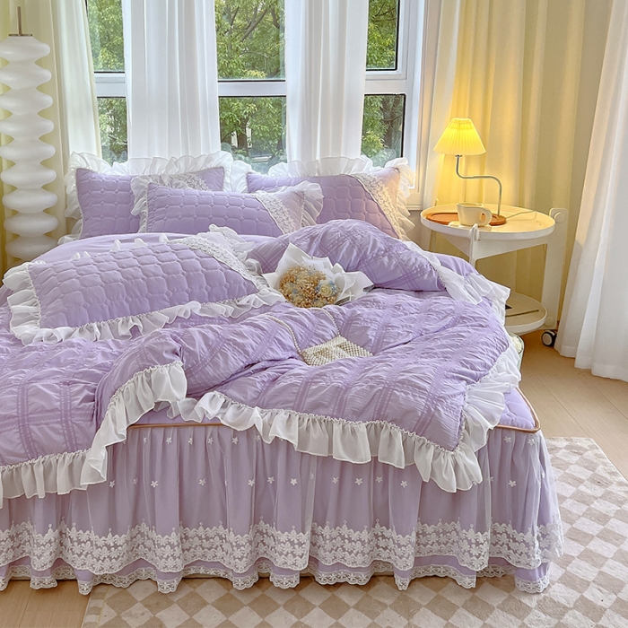 91家纺网 家纺一手货源 找家纺 罗艺轩 2024新款 泡泡纱夹棉床裙白雪公主系列四件套 丁香紫