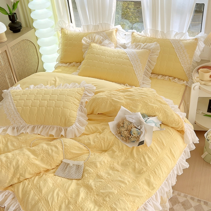 91家纺网 家纺一手货源 找家纺 罗艺轩 2024新款 泡泡纱夹棉床裙白雪公主系列四件套 柠檬黄