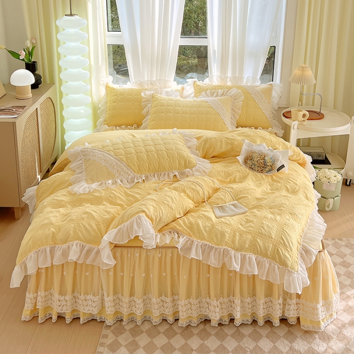 91家纺网 家纺一手货源 找家纺 罗艺轩 2024新款 泡泡纱夹棉床裙白雪公主系列四件套 柠檬黄