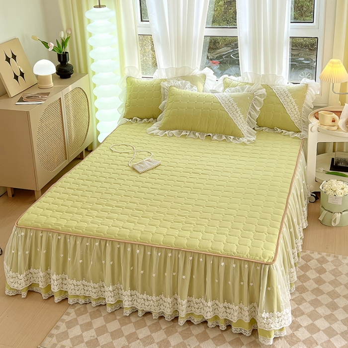 91家纺网 家纺一手货源 找家纺 罗艺轩 2024新款 泡泡纱夹棉床裙白雪公主系列四件套 青草绿