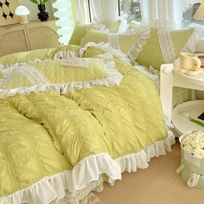 91家纺网 家纺一手货源 找家纺 罗艺轩 2024新款 泡泡纱夹棉床裙白雪公主系列四件套 青草绿