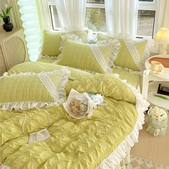 91家纺网 家纺一手货源 找家纺 罗艺轩 2024新款 泡泡纱夹棉床裙白雪公主系列四件套 青草绿