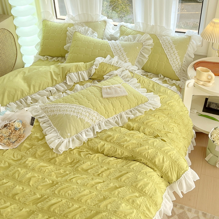 91家纺网 家纺一手货源 找家纺 罗艺轩 2024新款 泡泡纱夹棉床裙白雪公主系列四件套 青草绿