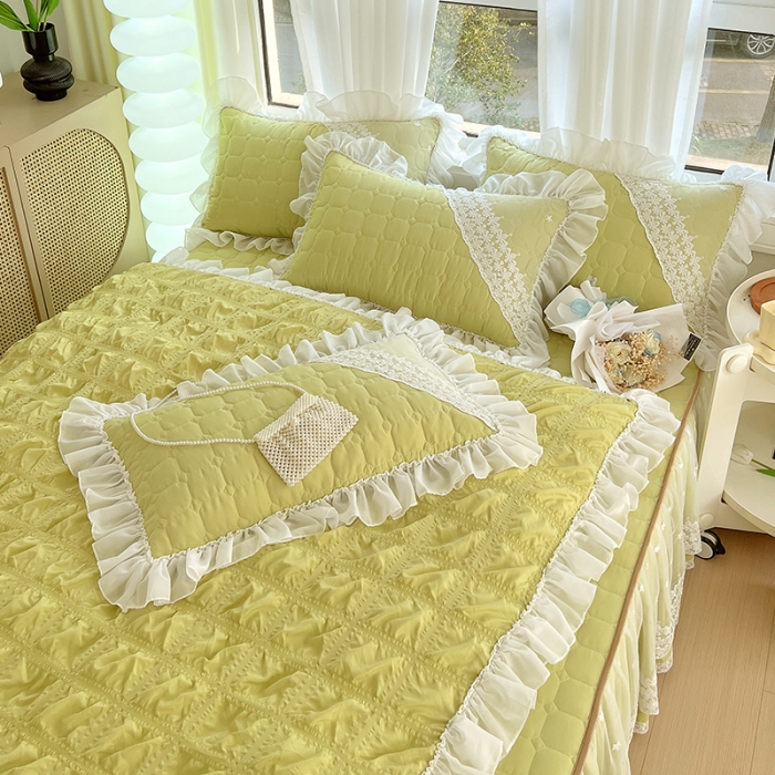 91家纺网 家纺一手货源 找家纺 罗艺轩 2024新款 泡泡纱夹棉床裙白雪公主系列四件套 青草绿