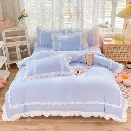 91家纺网 家纺一手货源 找家纺 逸尚阁  2023新款 双层花边系列四件套-唯美 唯美-清新蓝