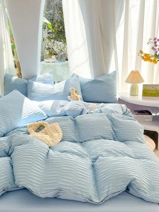 91家纺网 家纺一手货源 找家纺 逸尚阁 2023新款 波浪泡泡纱四件套 波浪-天空蓝