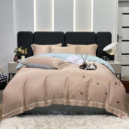 91家纺网 家纺一手货源 找家纺 总推-潮邦 2025高克重水洗真丝绣花四件套真丝纯色轻奢刺绣工艺