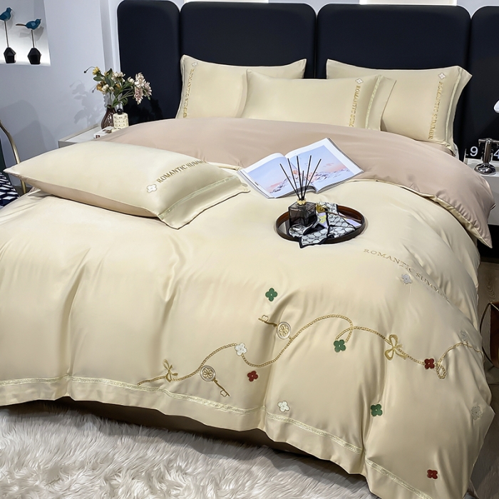 91家纺网 家纺一手货源 找家纺 总推-潮邦 2025高克重水洗真丝绣花四件套真丝纯色轻奢刺绣工艺