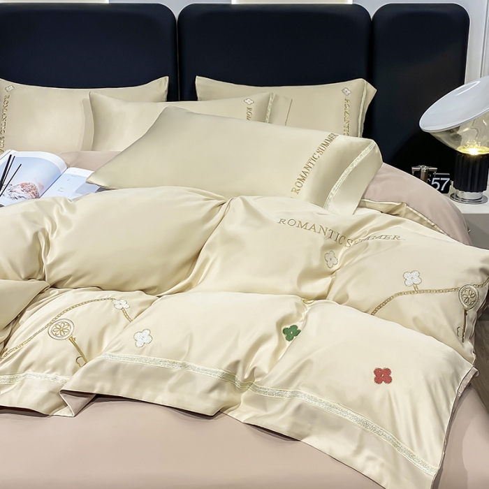 91家纺网 家纺一手货源 找家纺 总推-潮邦 2025高克重水洗真丝绣花四件套真丝纯色轻奢刺绣工艺