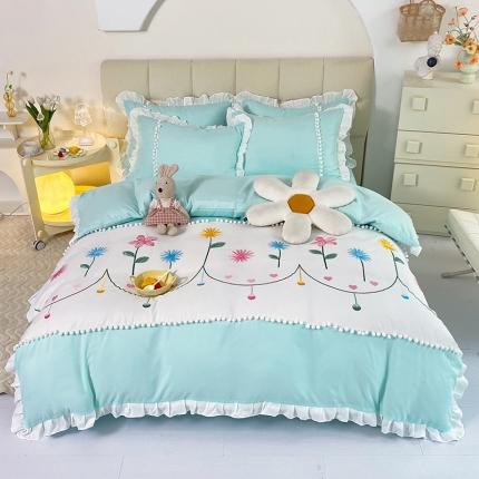 91家纺网 家纺一手货源 找家纺 （总）绒兔兔 2023柔肤棉韩版刺绣精致毛球工艺四件套