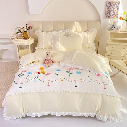 91家纺网 家纺一手货源 找家纺 绒兔兔 2023柔肤棉韩版刺绣精致毛球工艺四件套 春日-奶黄