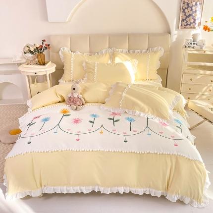 91家纺网 家纺一手货源 找家纺 绒兔兔 2023柔肤棉韩版刺绣精致毛球工艺四件套 春日-嫩黄
