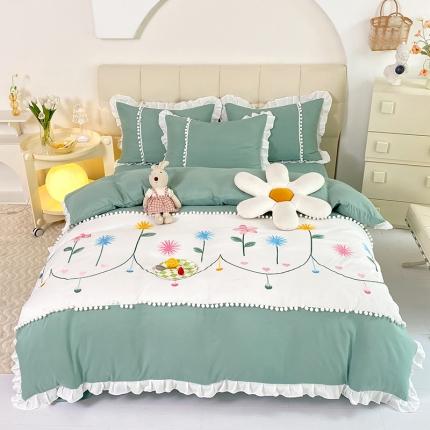 91家纺网 家纺一手货源 找家纺 绒兔兔 2023柔肤棉韩版刺绣精致毛球工艺四件套 春日-松石绿