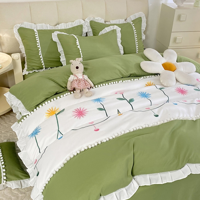 91家纺网 家纺一手货源 找家纺 绒兔兔 2023柔肤棉韩版刺绣精致毛球工艺四件套 春日-橄榄绿