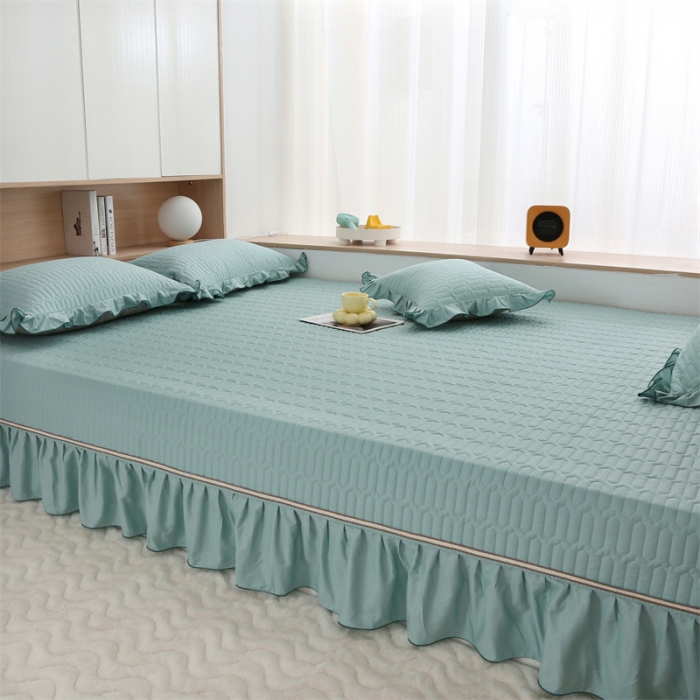 91家纺网 家纺一手货源 找家纺 美优兰 2025新款全棉防滑榻榻米炕垫纯棉床盖三件套 绿波