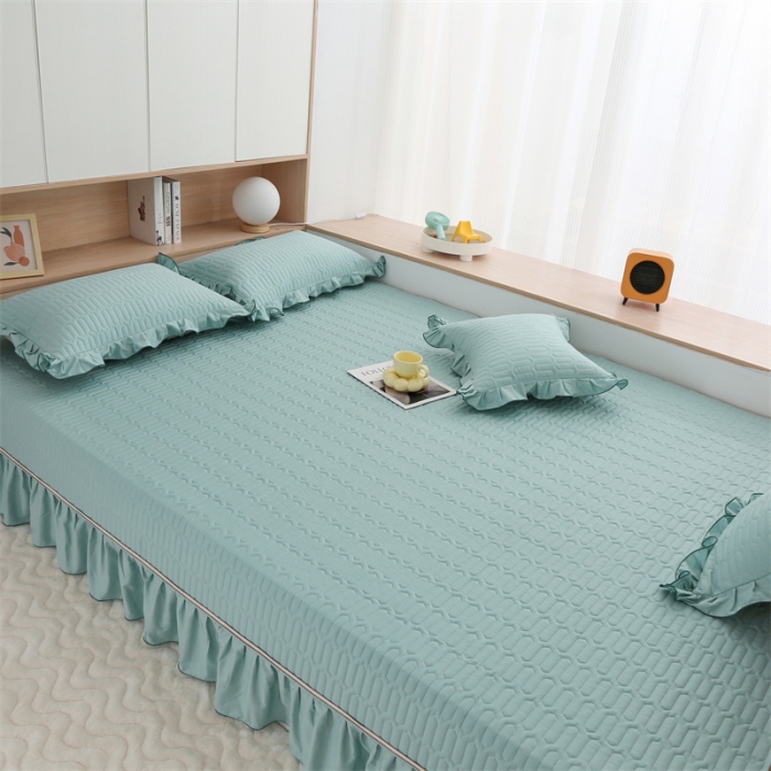 91家纺网 家纺一手货源 找家纺 美优兰 2025新款全棉防滑榻榻米炕垫纯棉床盖三件套 绿波