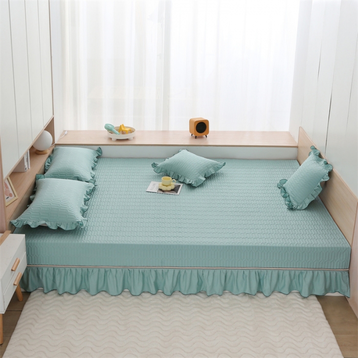 91家纺网 家纺一手货源 找家纺 美优兰 2025新款全棉防滑榻榻米炕垫纯棉床盖三件套 绿波