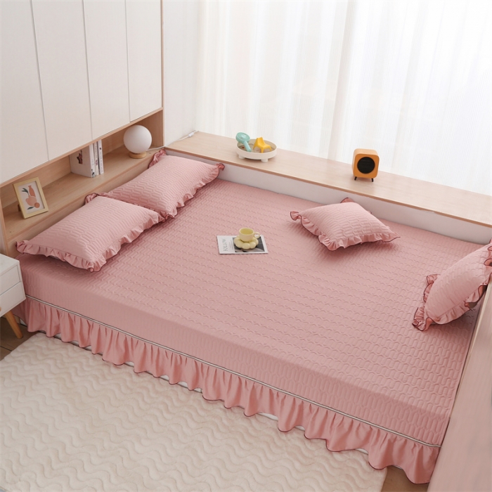 91家纺网 家纺一手货源 找家纺 美优兰 2025新款全棉防滑榻榻米炕垫纯棉床盖三件套 樱桃粉