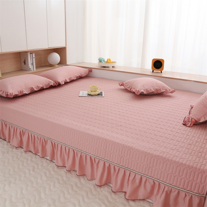 91家纺网 家纺一手货源 找家纺 美优兰 2025新款全棉防滑榻榻米炕垫纯棉床盖三件套 樱桃粉