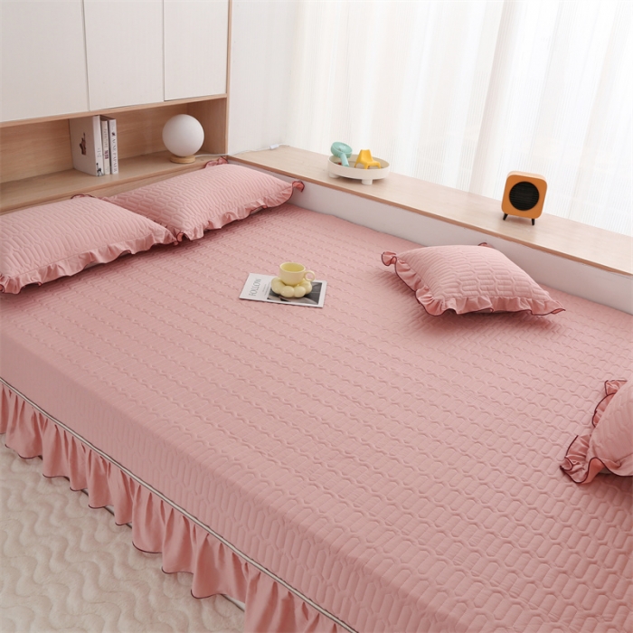 91家纺网 家纺一手货源 找家纺 美优兰 2025新款全棉防滑榻榻米炕垫纯棉床盖三件套 樱桃粉