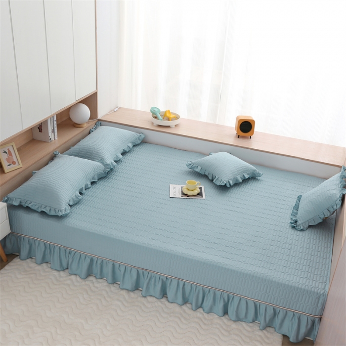 91家纺网 家纺一手货源 找家纺 美优兰 2025新款全棉防滑榻榻米炕垫纯棉床盖三件套 月光蓝