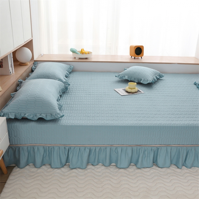 91家纺网 家纺一手货源 找家纺 美优兰 2025新款全棉防滑榻榻米炕垫纯棉床盖三件套 月光蓝