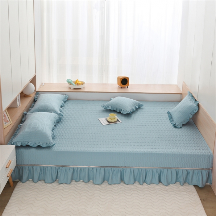 91家纺网 家纺一手货源 找家纺 美优兰 2025新款全棉防滑榻榻米炕垫纯棉床盖三件套 月光蓝