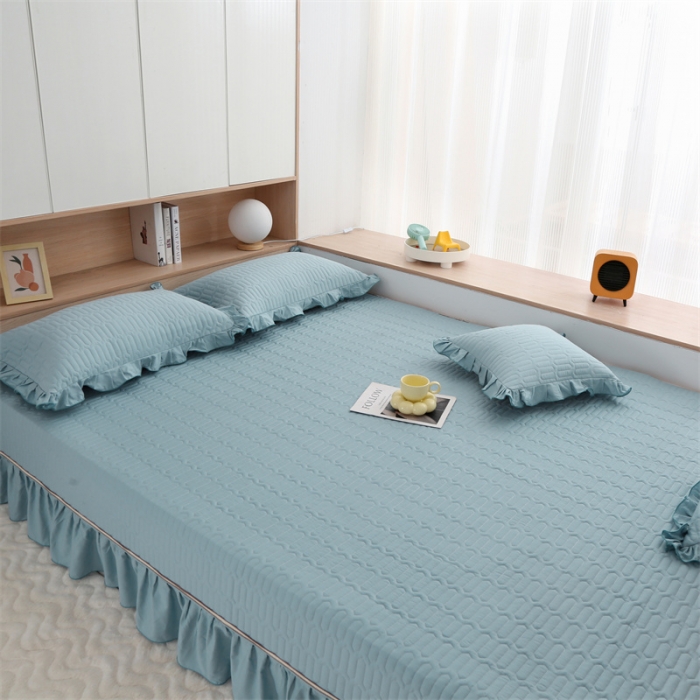 91家纺网 家纺一手货源 找家纺 美优兰 2025新款全棉防滑榻榻米炕垫纯棉床盖三件套 月光蓝