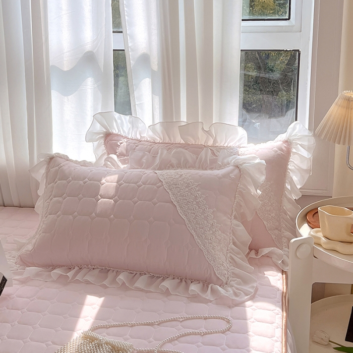 91家纺网 家纺一手货源 找家纺 罗艺轩 2024新款 泡泡纱夹棉床裙白雪公主系列 少女粉