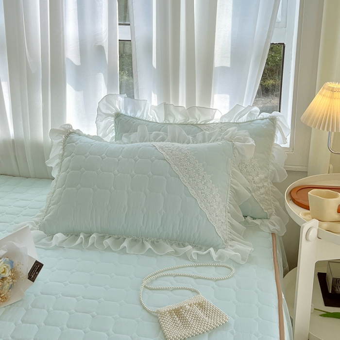 91家纺网 家纺一手货源 找家纺 罗艺轩 2024新款 泡泡纱夹棉床裙白雪公主系列 天空蓝