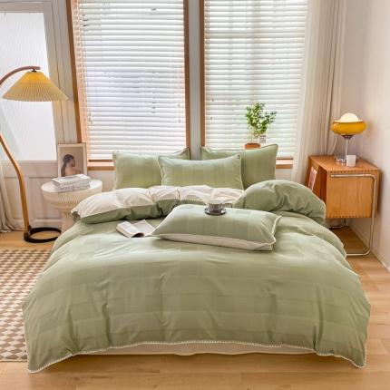 91家纺网 家纺一手货源 找家纺 2023新款A类60S水洗棉提花华夫格三角针纯棉系列四件套 洋气绿