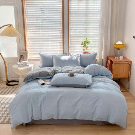 91家纺网 家纺一手货源 找家纺 2023新款A类60S水洗棉提花华夫格三角针纯棉系列四件套 天蓝