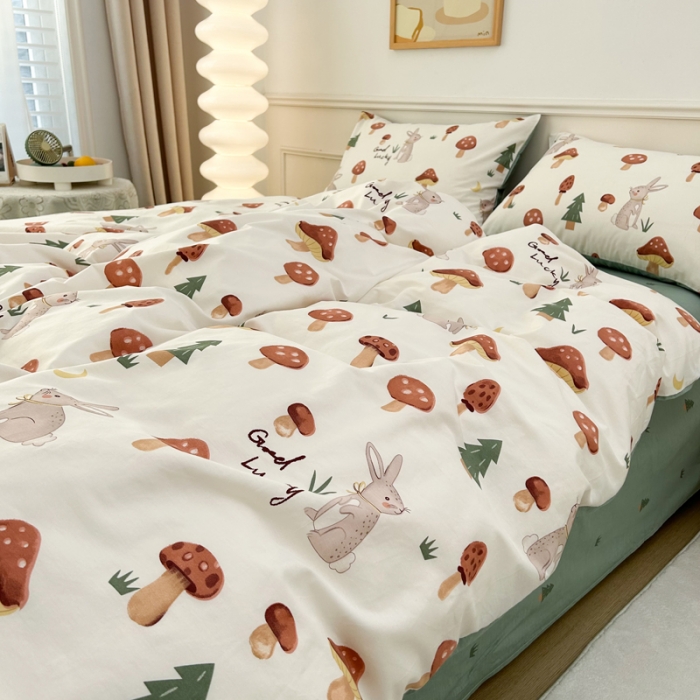 91家纺网 家纺一手货源 找家纺 柠馨 2023新款 13376全棉印花三件套学生季三件套 蘑菇林