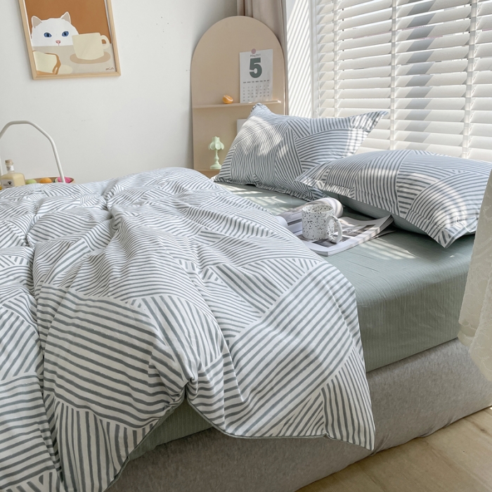 91家纺网 家纺一手货源 找家纺 柠馨 2023新款 13376全棉印花三件套学生季三件套 编织生活-绿