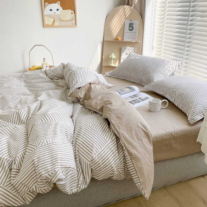 91家纺网 家纺一手货源 找家纺 柠馨 2023新款 13376全棉印花三件套学生季三件套 编织生活-咖