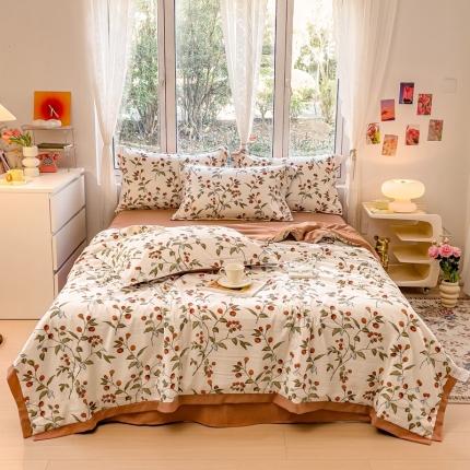 91家纺网 家纺一手货源 找家纺 芯贝儿 2023新款 水洗m麻双层纱小清新夏被四件套 花溪