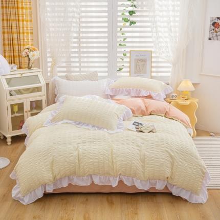 91家纺网 家纺一手货源 找家纺 优宜家 2023新款韩版双层泡泡纱四件套 淡黄暖玉