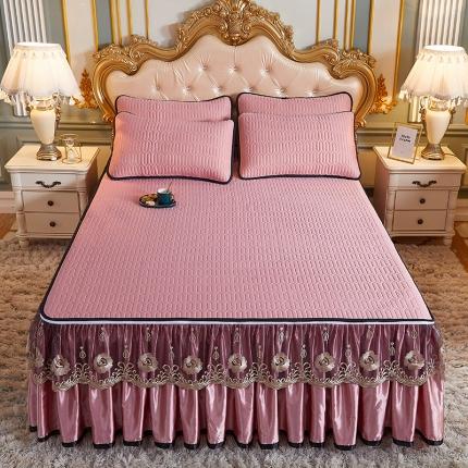 网红馆 2025新款凉感丝黑边乳胶床裙三件套 豆沙