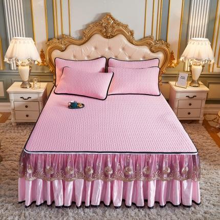 网红馆 2025新款凉感丝黑边乳胶床裙三件套 粉色