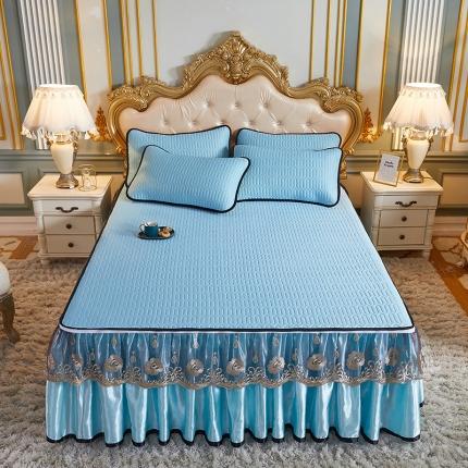 网红馆 2025新款凉感丝黑边乳胶床裙三件套 天蓝