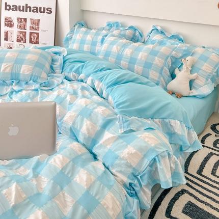 91家纺网 家纺一手货源 找家纺 花伞2023JK风双色泡泡纱大花边磨毛四件套蝶豆花