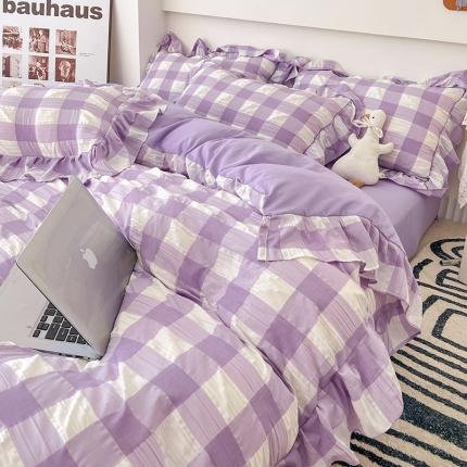 91家纺网 家纺一手货源 找家纺 花伞2023JK风双色泡泡纱大花边磨毛四件套香芋啵啵