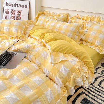 91家纺网 家纺一手货源 找家纺 （总）花伞2023JK风双色泡泡纱大花边磨毛四件套