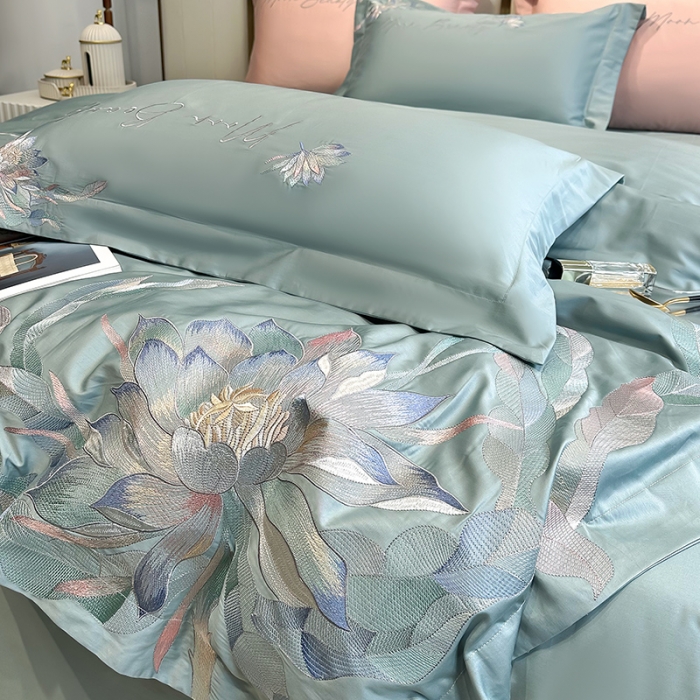 91家纺网 家纺一手货源 找家纺 宅家居 2024轻奢小香风纯棉长绒棉四件套奥菲亚系列 奥菲亚-松石绿