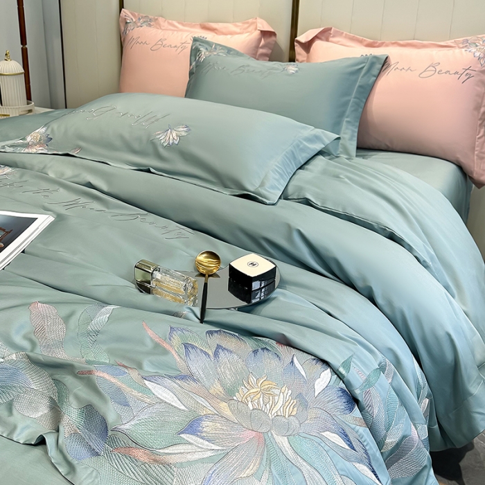 91家纺网 家纺一手货源 找家纺 宅家居 2024轻奢小香风纯棉长绒棉四件套奥菲亚系列 奥菲亚-松石绿