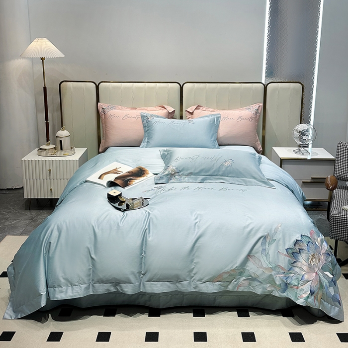 91家纺网 家纺一手货源 找家纺 宅家居 2024轻奢小香风纯棉长绒棉四件套奥菲亚系列 奥菲亚-湖水蓝