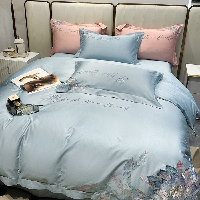 91家纺网 家纺一手货源 找家纺 宅家居 2024轻奢小香风纯棉长绒棉四件套奥菲亚系列 奥菲亚-湖水蓝