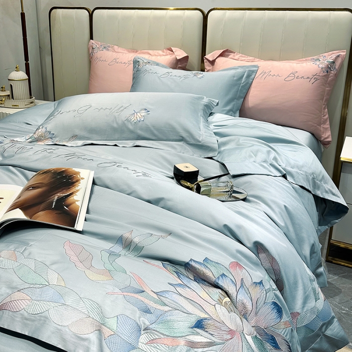 91家纺网 家纺一手货源 找家纺 宅家居 2024轻奢小香风纯棉长绒棉四件套奥菲亚系列 奥菲亚-湖水蓝