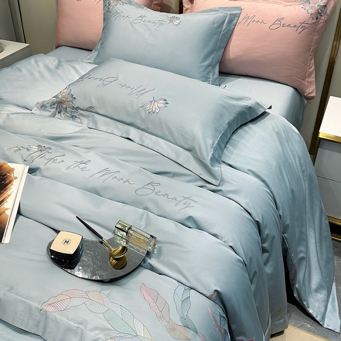 91家纺网 家纺一手货源 找家纺 宅家居 2024轻奢小香风纯棉长绒棉四件套奥菲亚系列 奥菲亚-湖水蓝