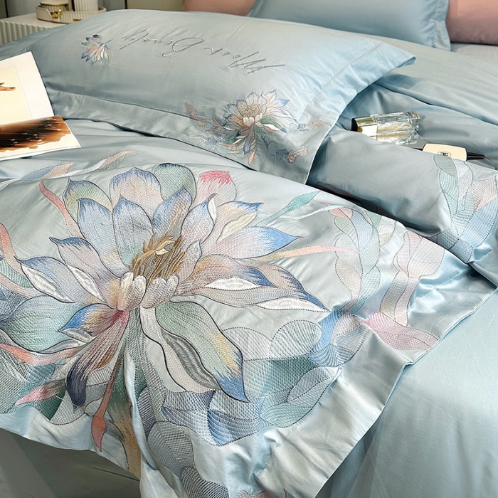 91家纺网 家纺一手货源 找家纺 宅家居 2024轻奢小香风纯棉长绒棉四件套奥菲亚系列 奥菲亚-湖水蓝